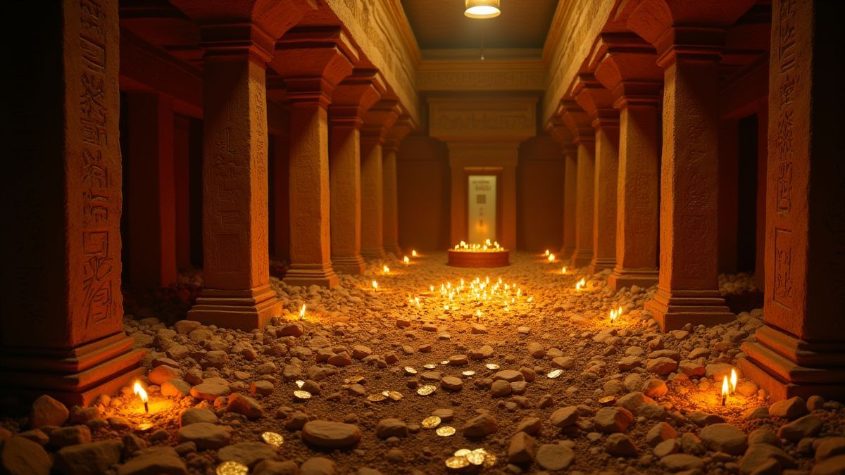 Een tomb in Egypte vol schatten en verlichte hiërogliefen.