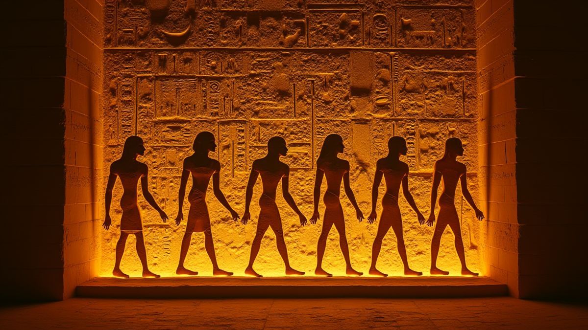 Hieroglyphen, die an einer antiken Wand in goldenem Licht leuchten.