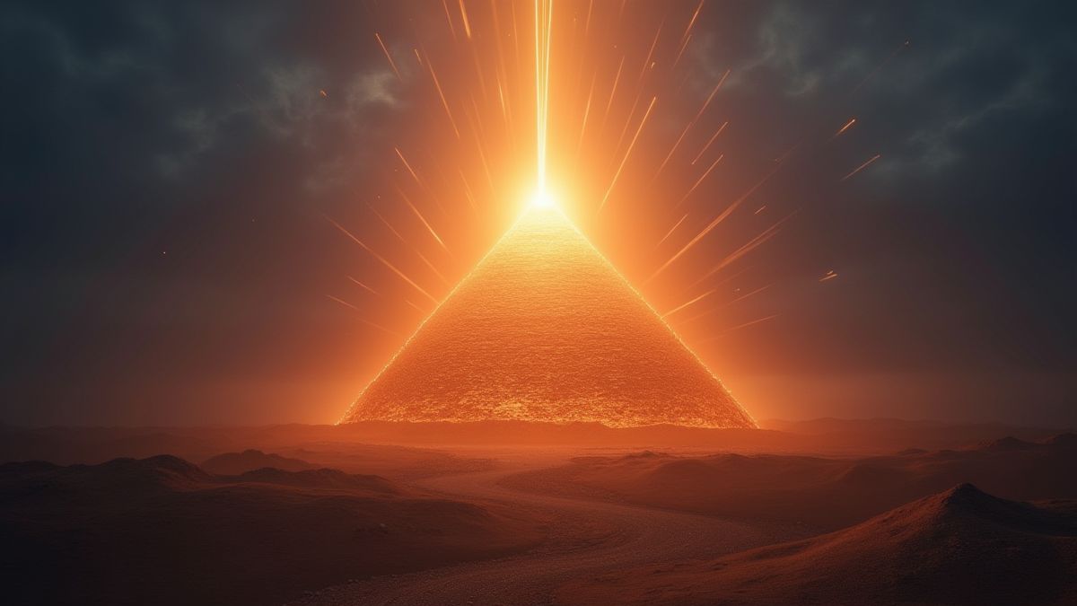 Leuchtende Pyramide mit Lichtstrahlen, die in den Himmel schießen.