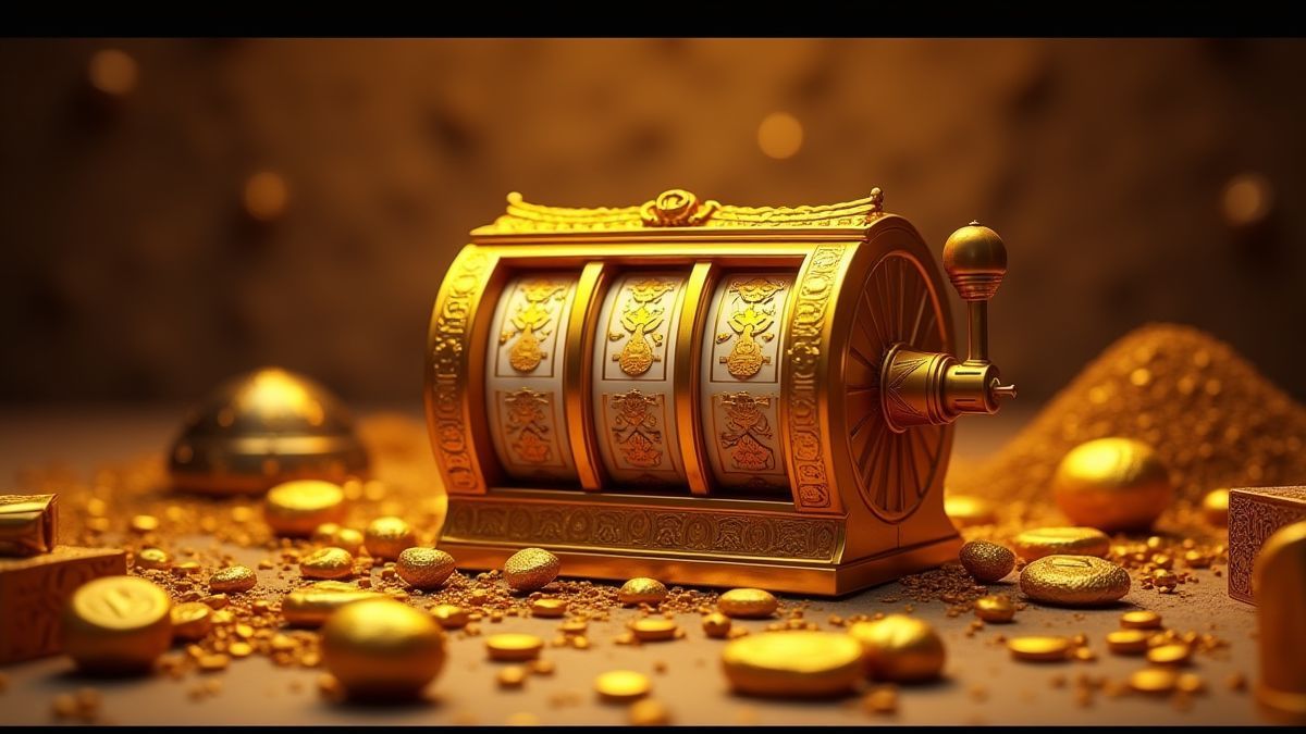 Goldene Slotmaschine umgeben von Schätzen und ägyptischen Artefakten.