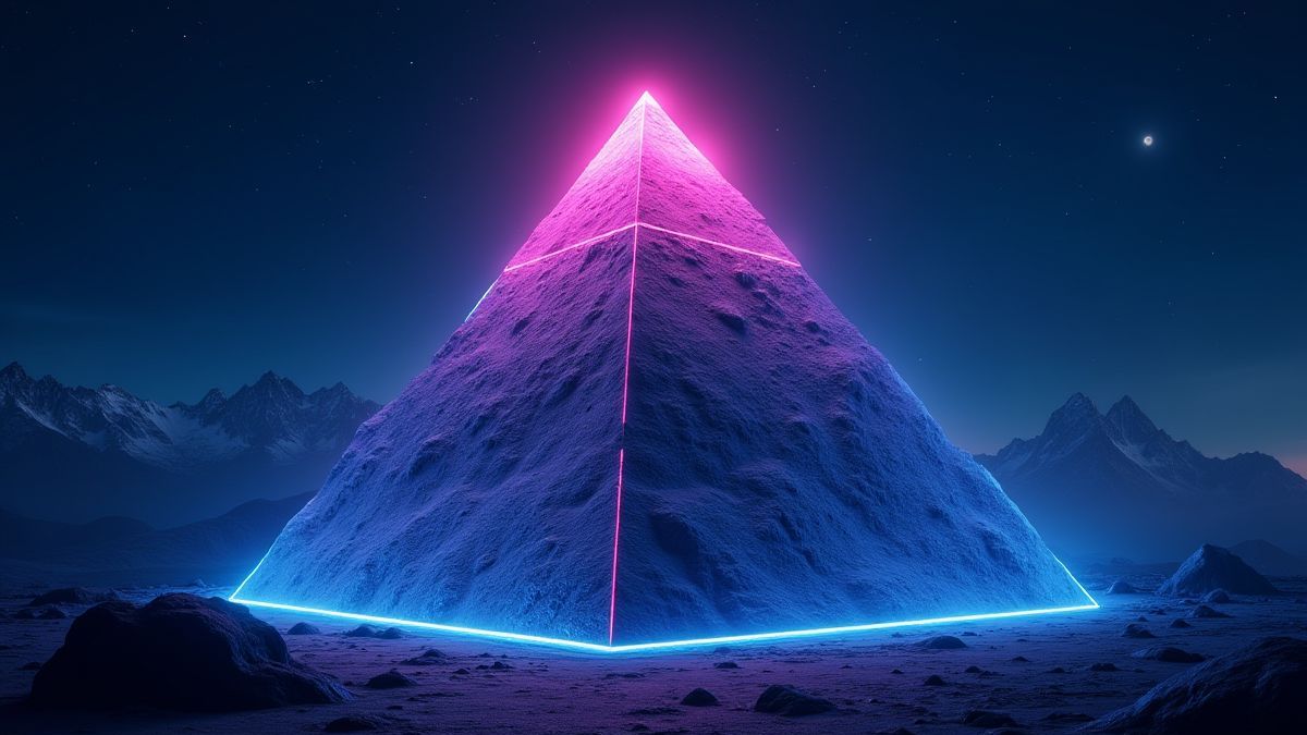 Una pirámide iluminada con luces de neón bajo un cielo futurístico.