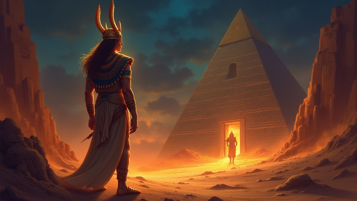 Horus en un entorno místico egipcio con arenas doradas.