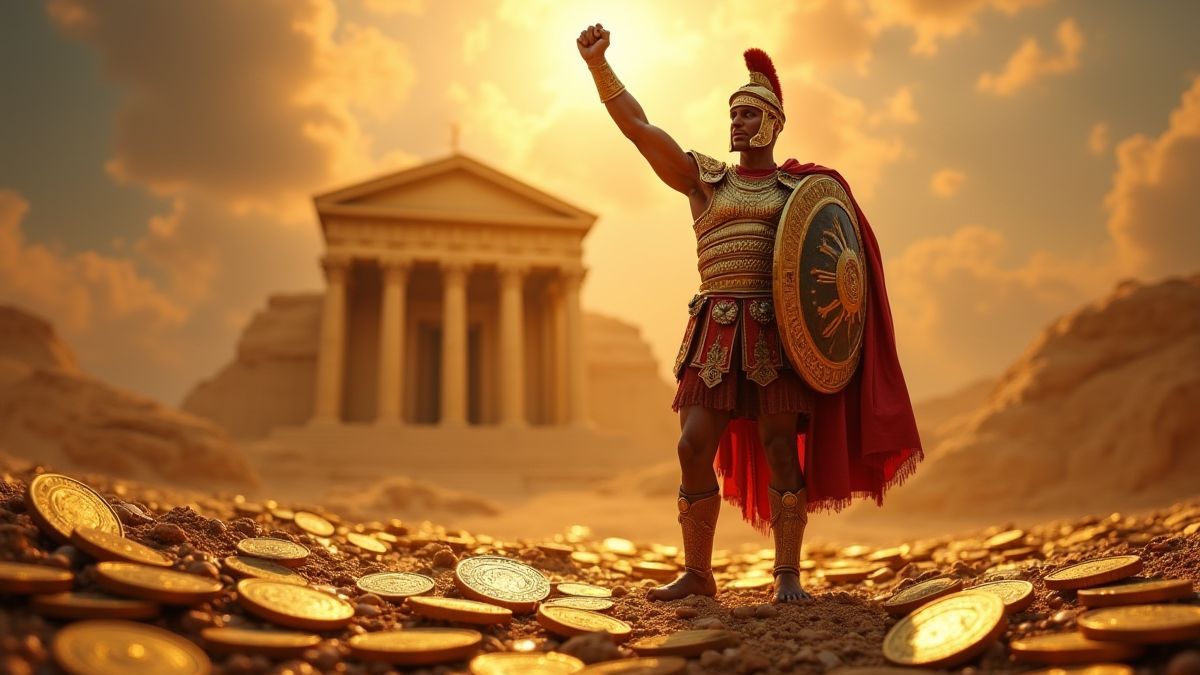 A triumphant Roman soldier in front of a golden temple surrounded by coins.