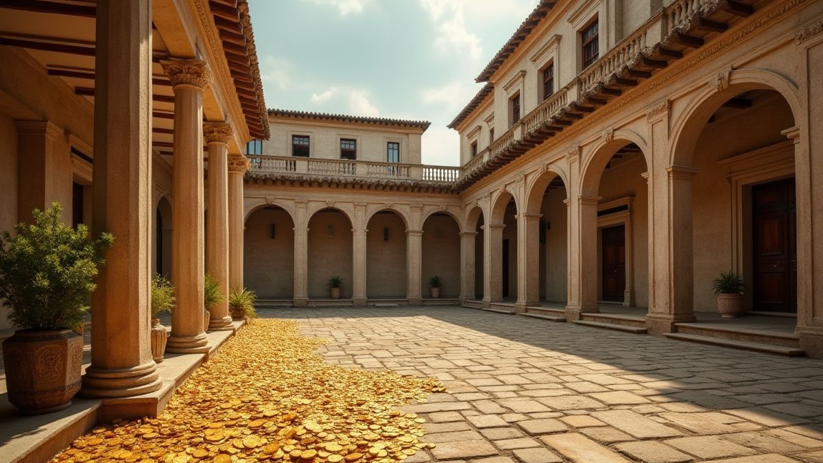 Detailed view of a Roman villa courtyard with golden coins scattered.