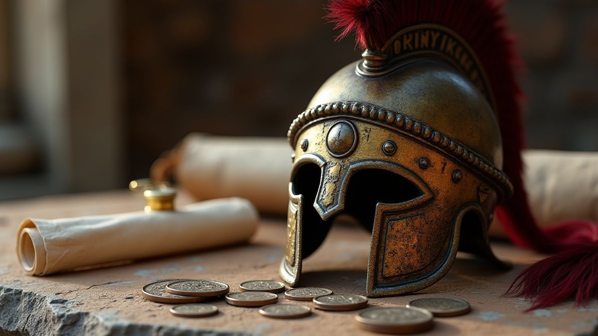 A Roman helmet on a stone table with coins and scrolls around it.
