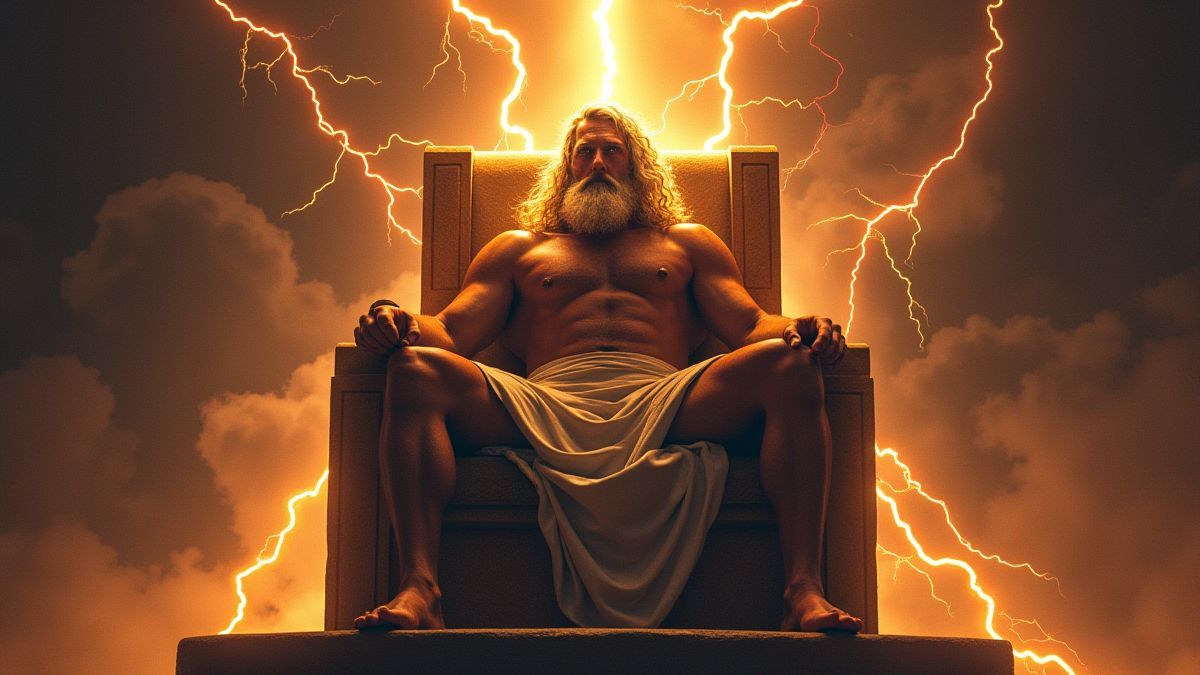 Zeus sitting on his throne, surrounded by lightning.