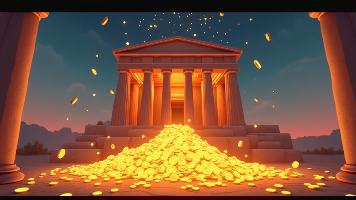 Greek temple with golden coins falling.