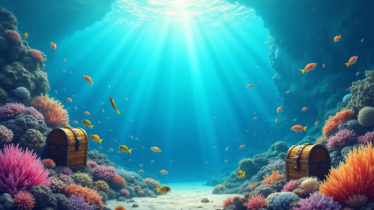 Coral reef filled with fish and treasures.