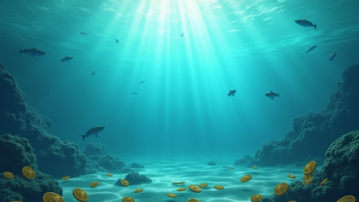 Coins floating in an underwater environment.