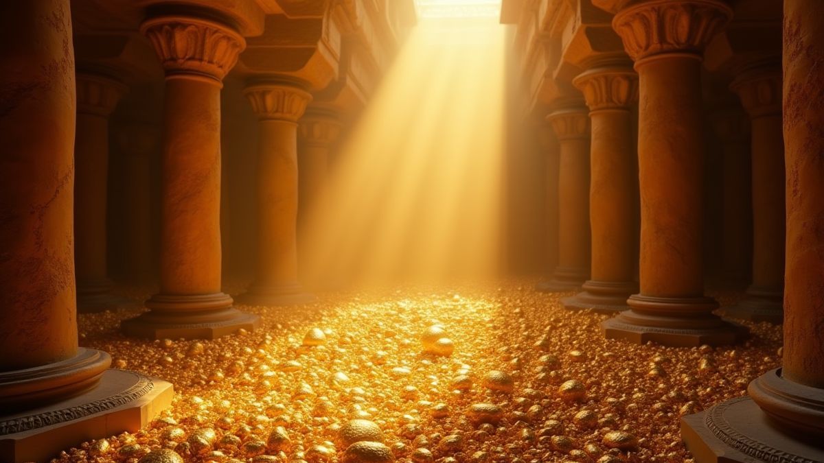 Sonnenstrahlen, die goldene Schätze in einer alten Kammer beleuchten.