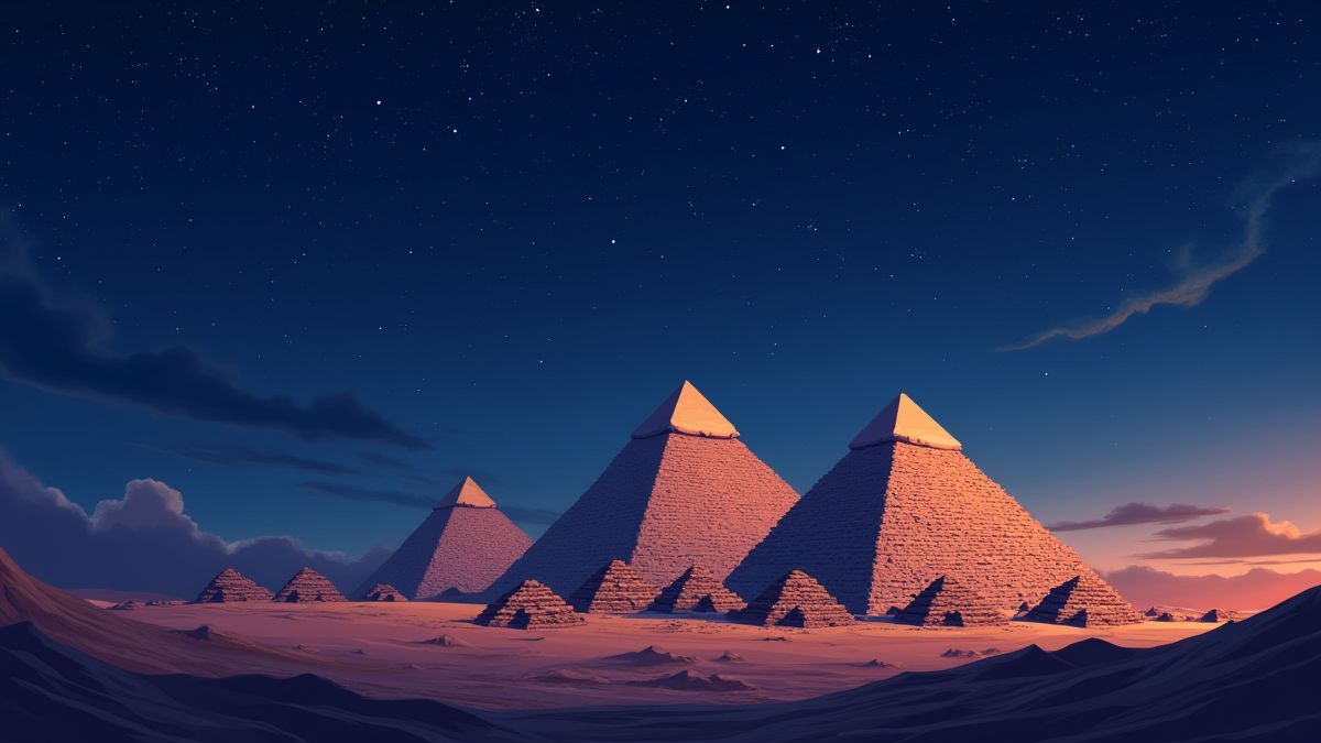 Pyramiden beleuchtet unter einem sternenklaren Himmel.
