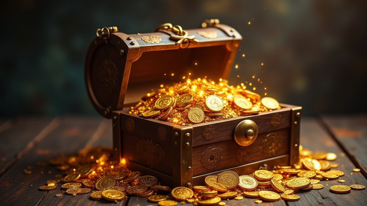 Un coffre au trésor rempli de pièces d'or et d'objets magiques.