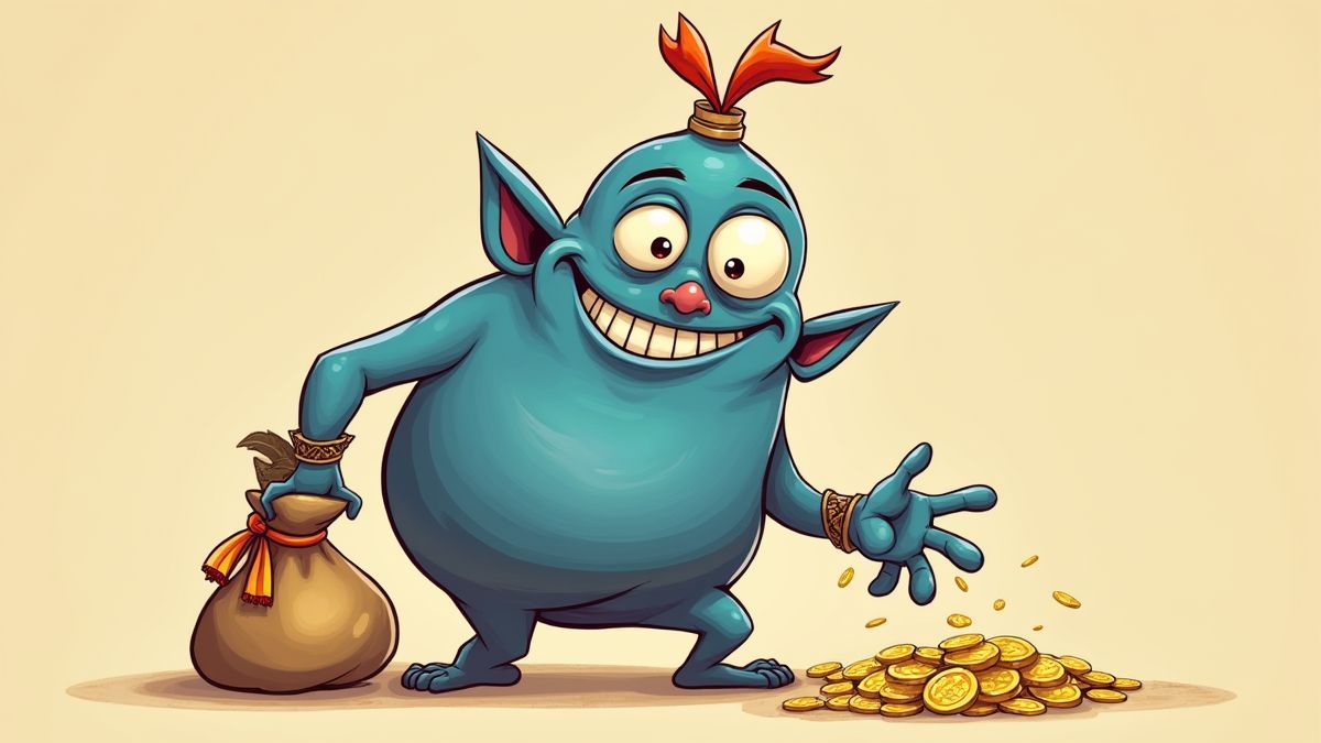 Un genio travieso con una sonrisa astuta sosteniendo una bolsa de monedas de oro.