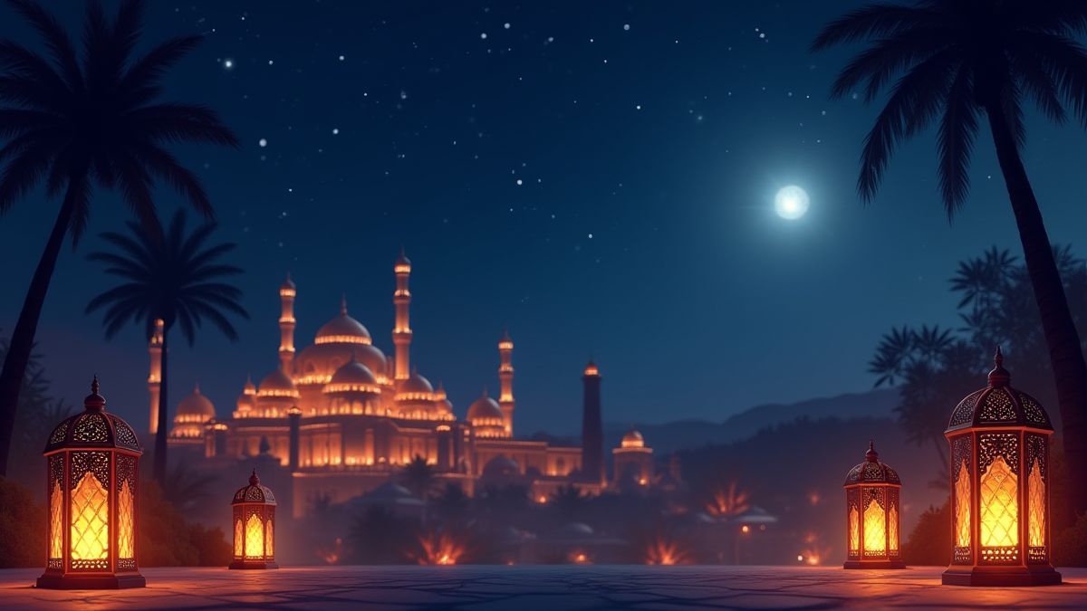 Una escena de noche árabe con farolillos, estrellas y un palacio al fondo.