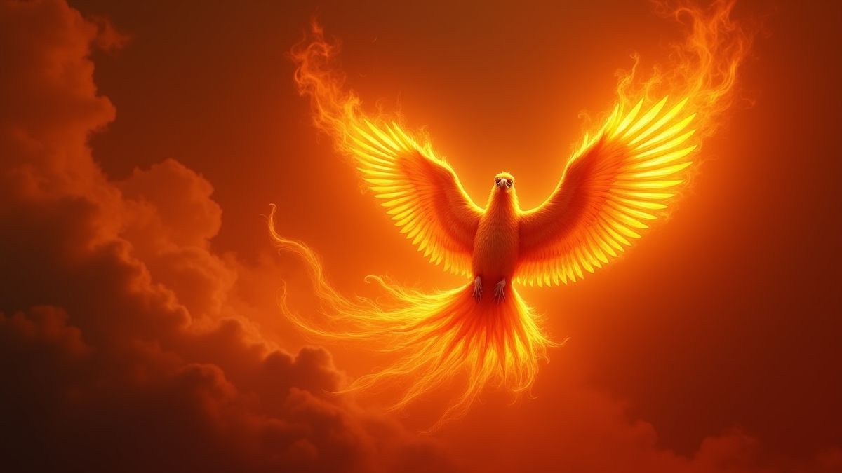 Um fênix místico voando em um céu ardente.