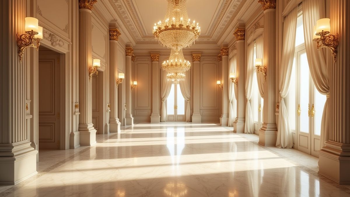 A ballroom with chandeliers and marble floors.