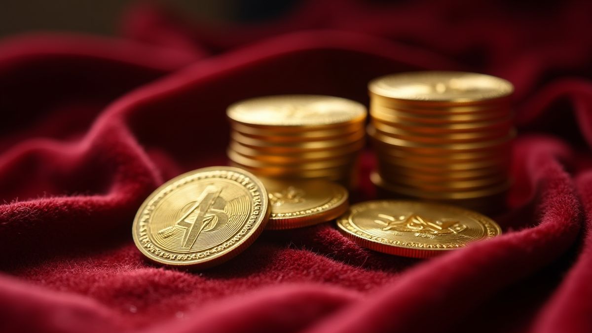 Gold coins stacked on velvet.