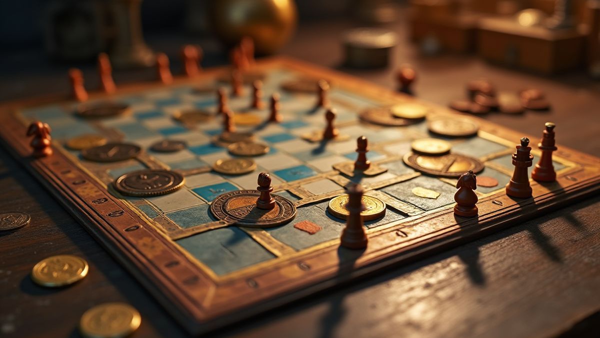 A strategic board with coins and game pieces.