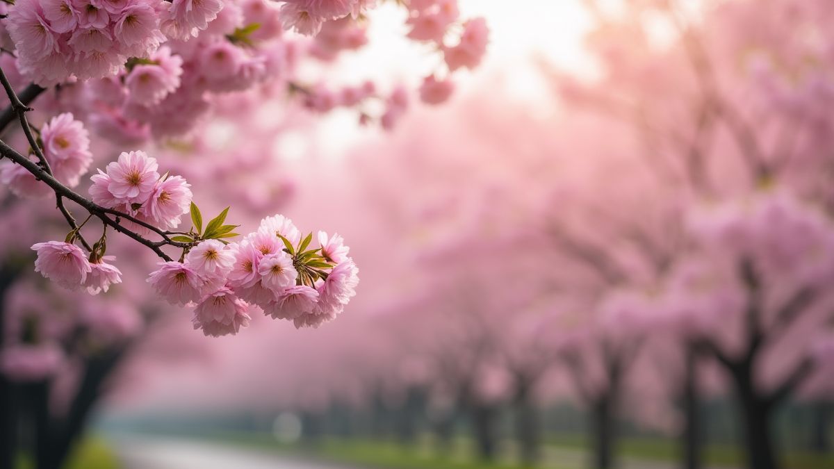 Cerezos en flor en un jardín japonés
