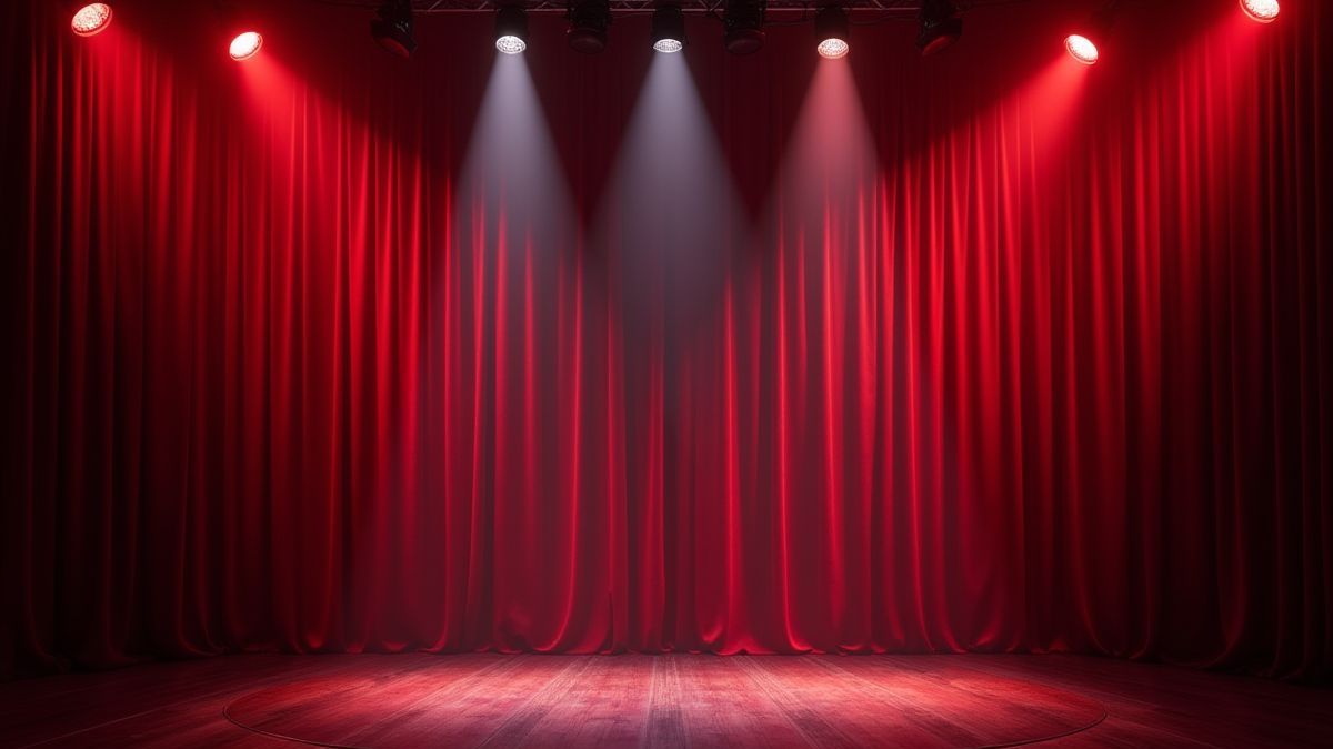 Cabaret scene with velvet curtains and stage lights.