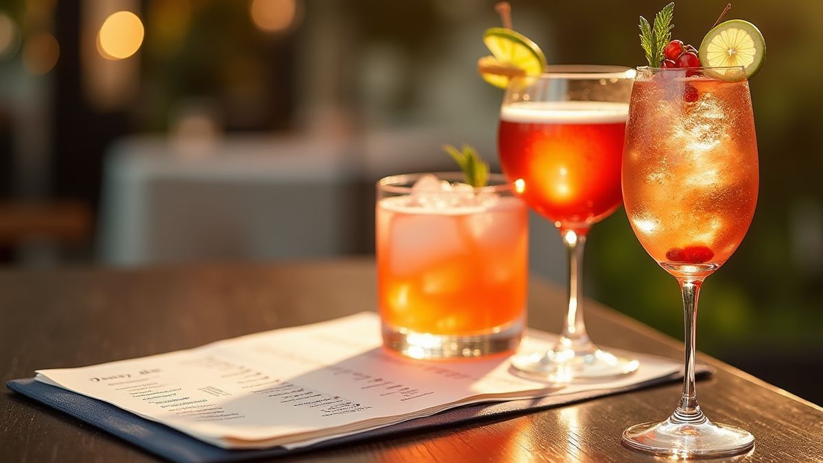 Drink menu with cocktails and champagne glasses.