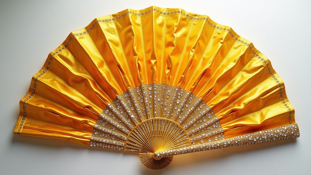 Sparkling golden fan with gemstones and elegant details.