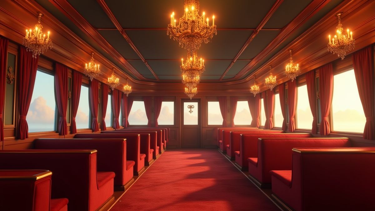Interior de un barco elegante con lámparas y asientos de terciopelo.