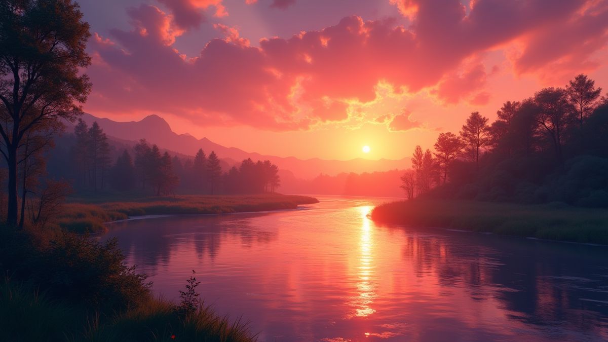 Paisaje de un río al atardecer con reflejos brillantes en el agua.