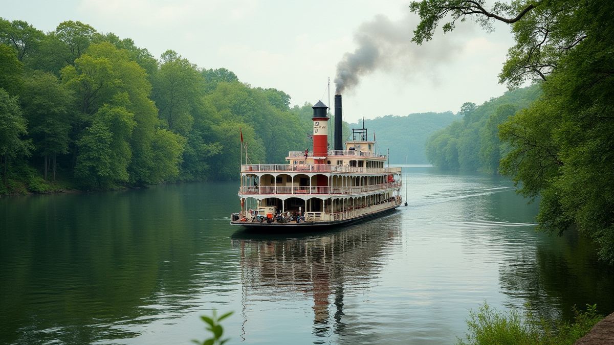 Barco de vapor antigo no rio Mississippi cercado por vegetação.