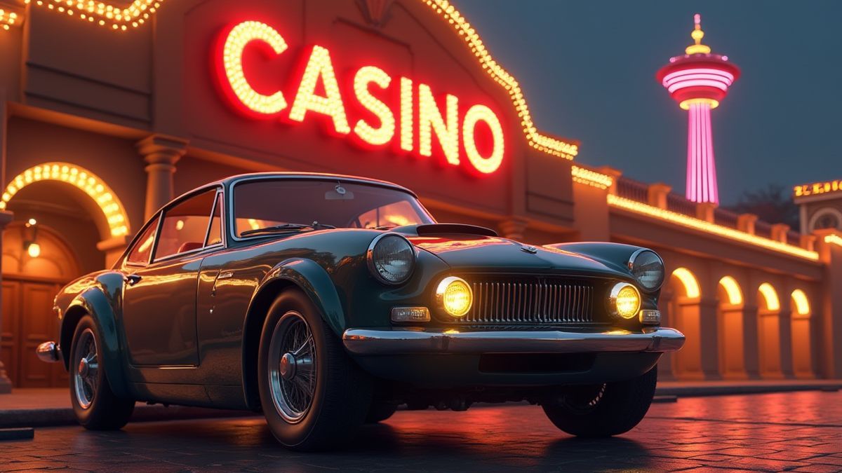 Oldtimer vor einem Luxuscasino.