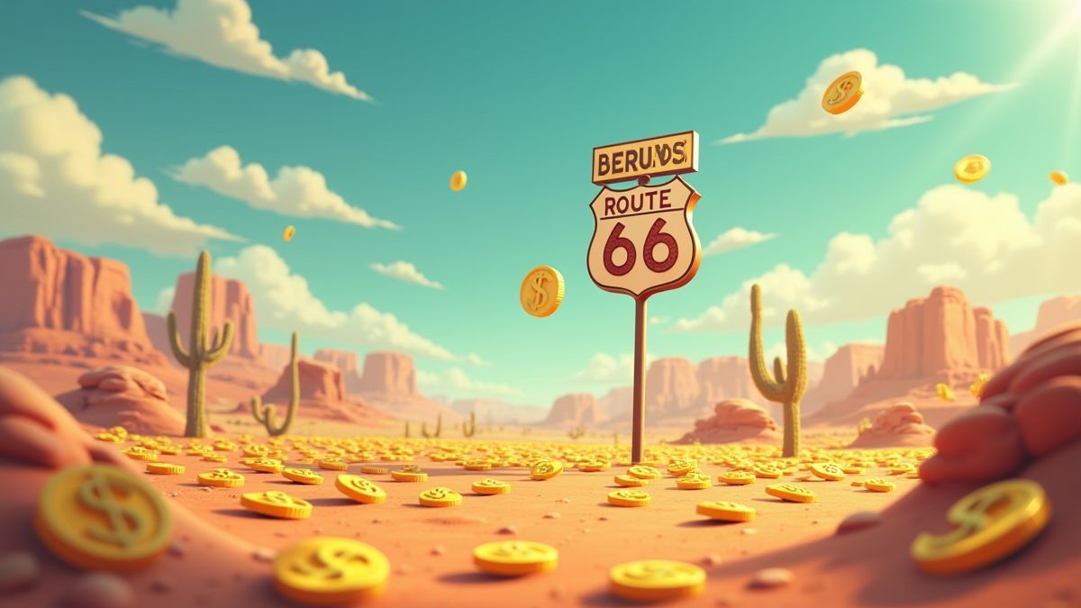 Monedas doradas en el desierto bajo el cartel de Ruta 66.