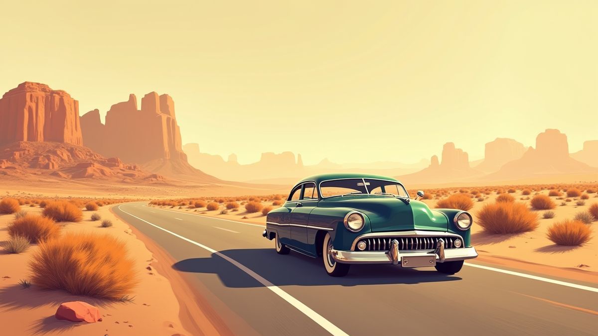Un coche vintage en una carretera desértica.