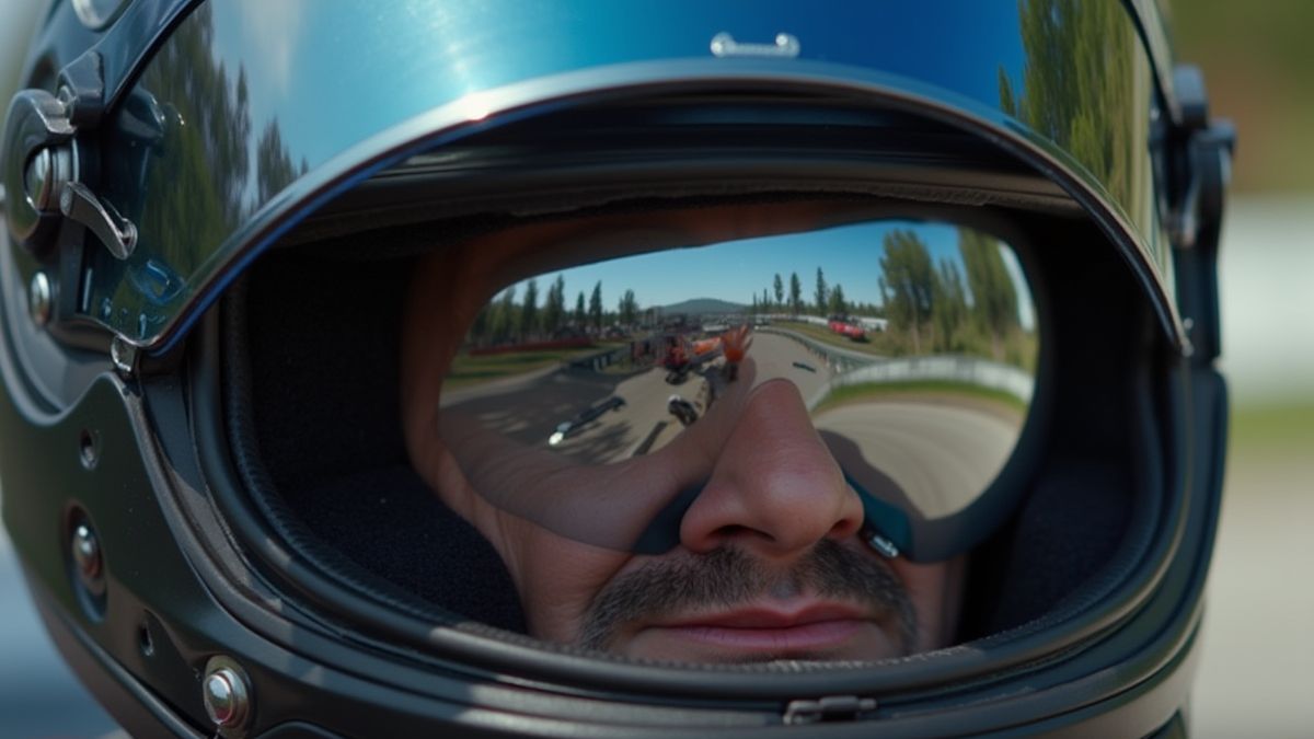 Casco de carreras con visor reflejando un circuito.
