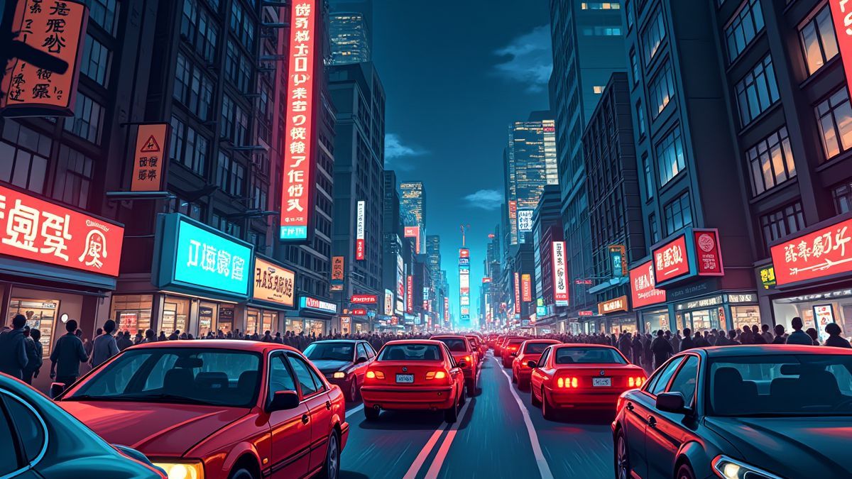 Chaotische verkeersscene in de stad met auto's en neonlichten.