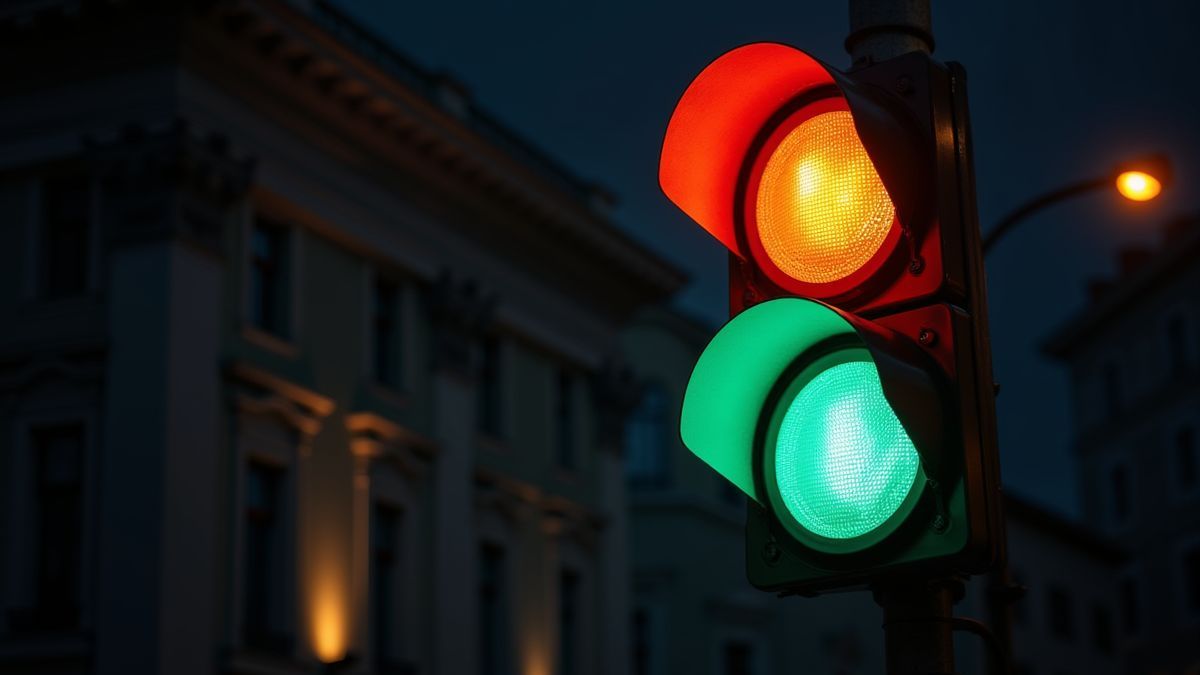 Verkeerslicht met verlichte kleuren tegen een donkere stedelijke achtergrond.