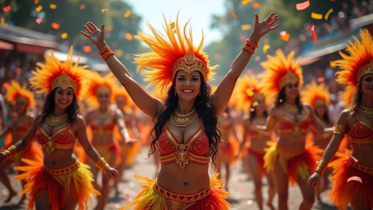 Samba dansers onder een regen van confetti