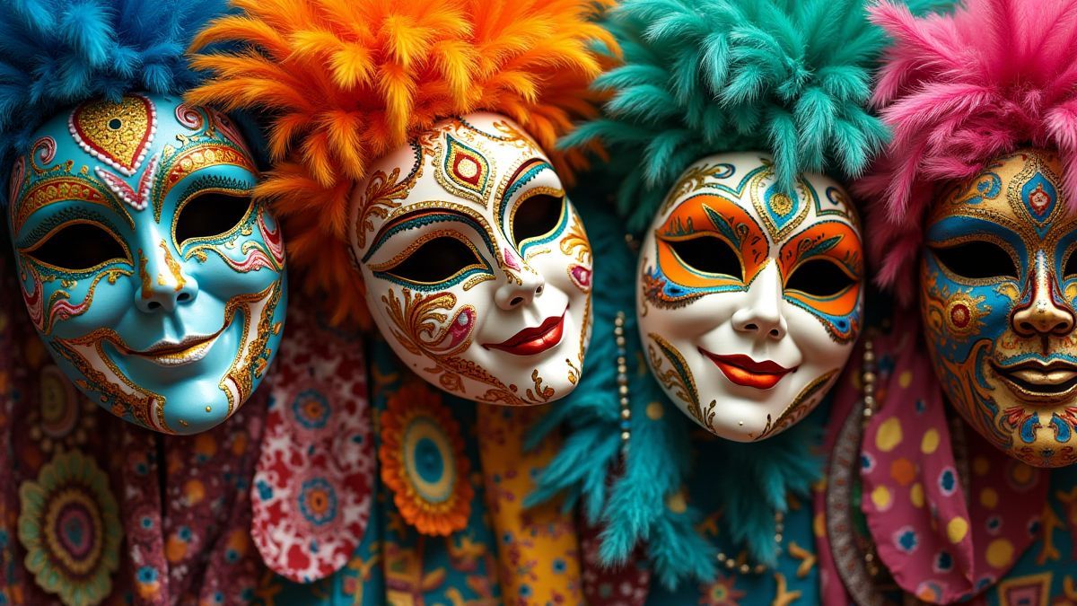 Carnavalsmaskers en trommels op een feestelijke achtergrond