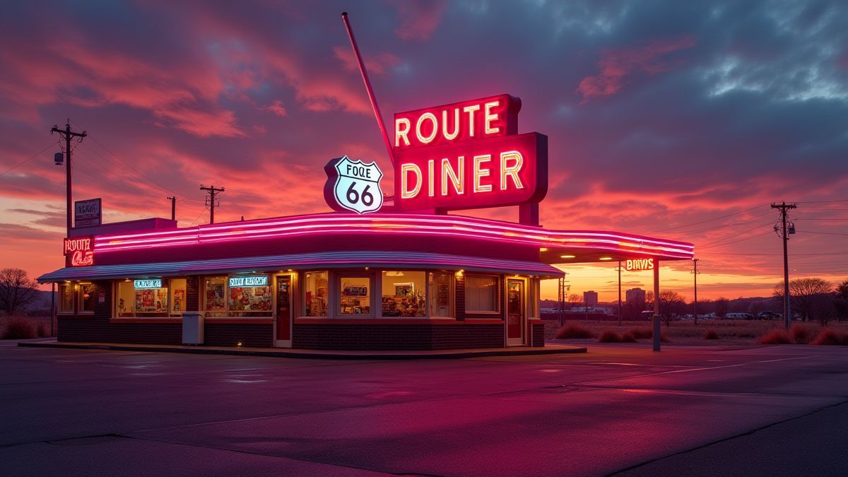 Diner classique illuminé sur la Route 66 au coucher de soleil.
