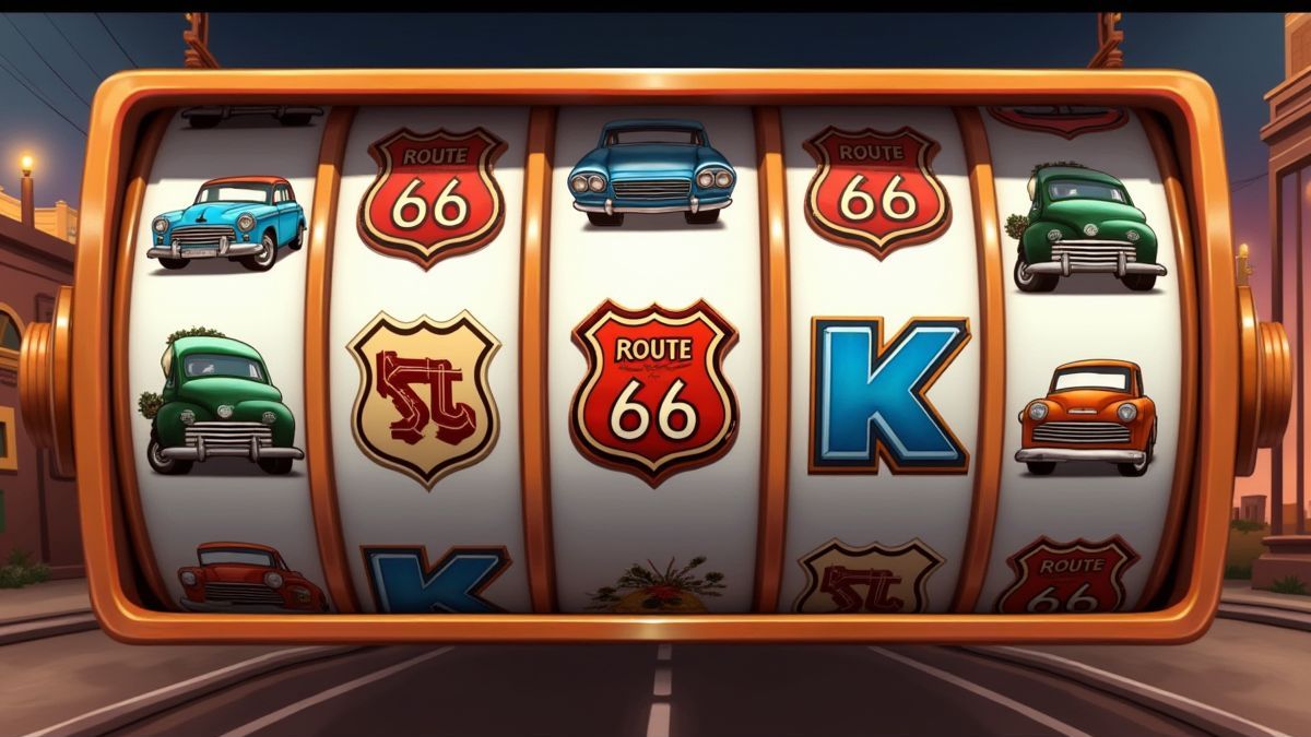 Rouleaux de machine à sous tournant avec des symboles de la Route 66 et des voitures classiques.