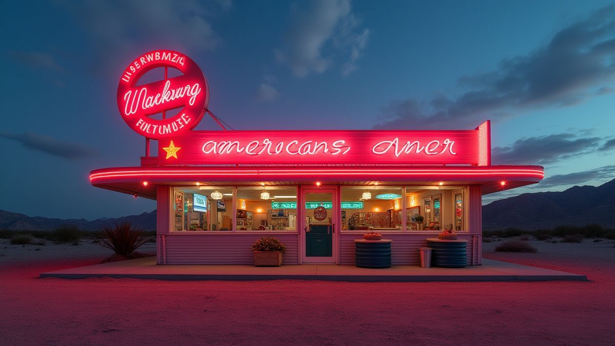 Un diner americano con neones y un paisaje desértico.