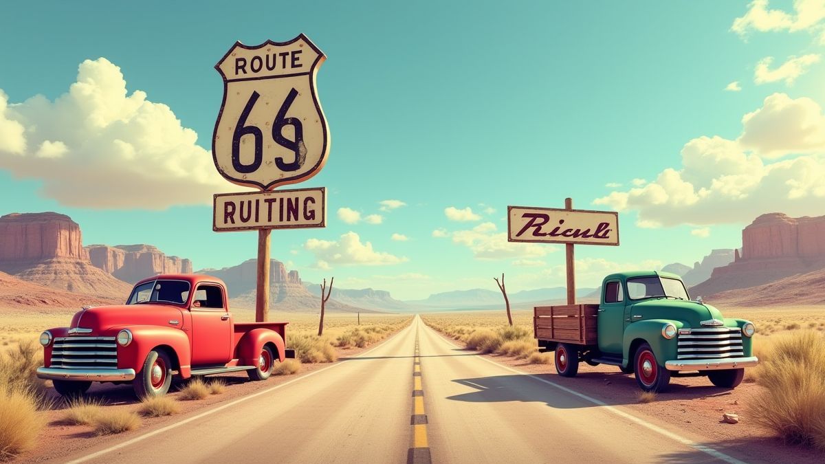 Carretera desértica con señales de la Ruta 66 y camiones clásicos.