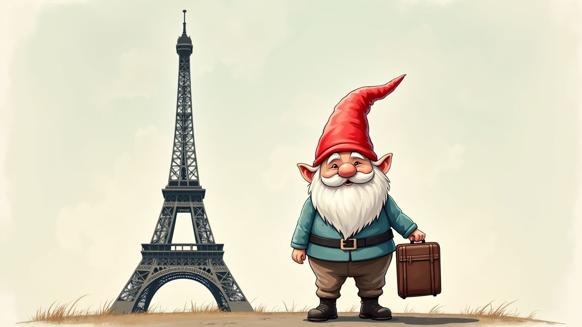 A gnome next to the Eiffel Tower with a suitcase.