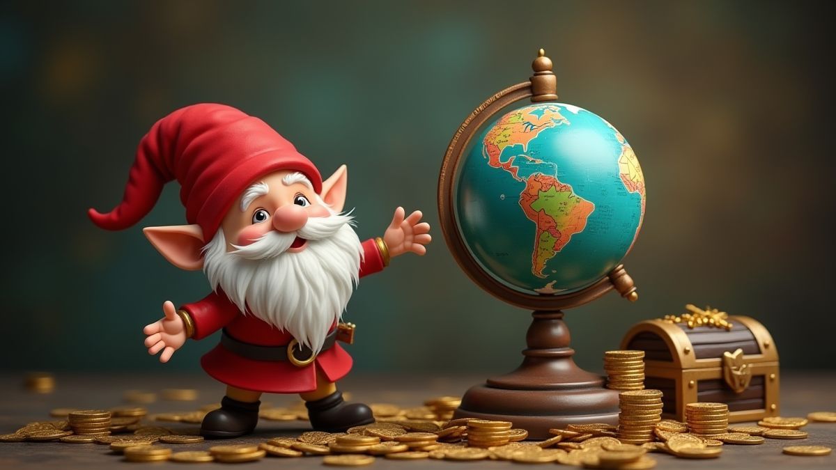 Gnome spinning a globe with coins and treasure chests.