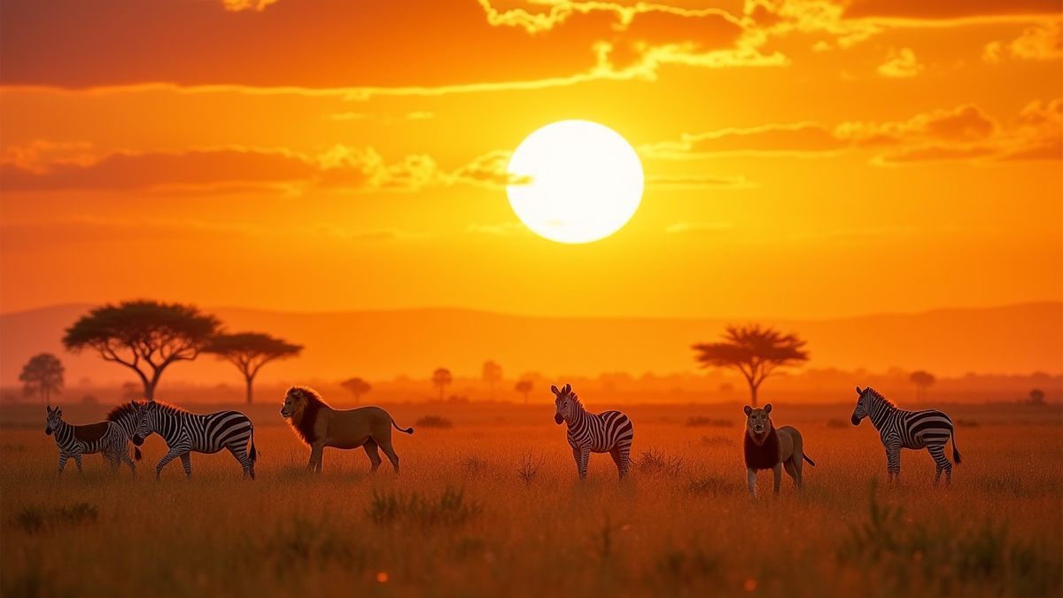 A savana africana com animais selvagens ao pôr do sol.