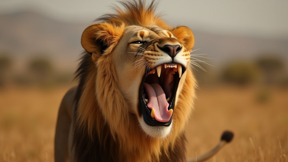 Um leão rugindo na savana africana.