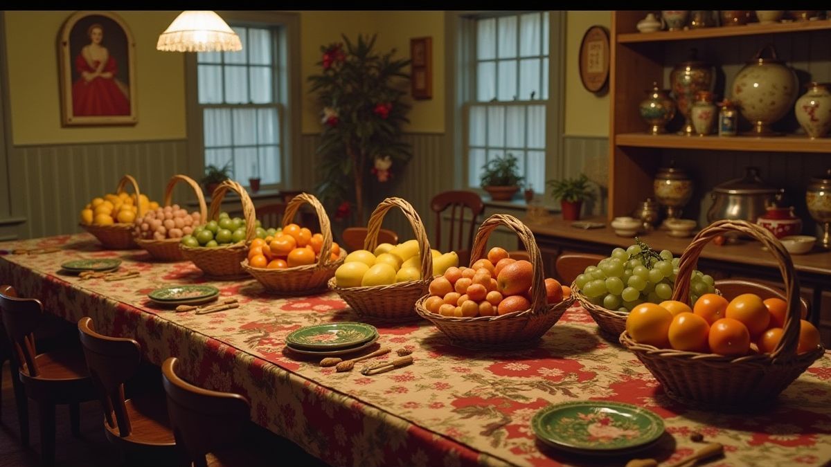 Feestelijke scène met fruitmanden en vintage decor uit de jaren 40