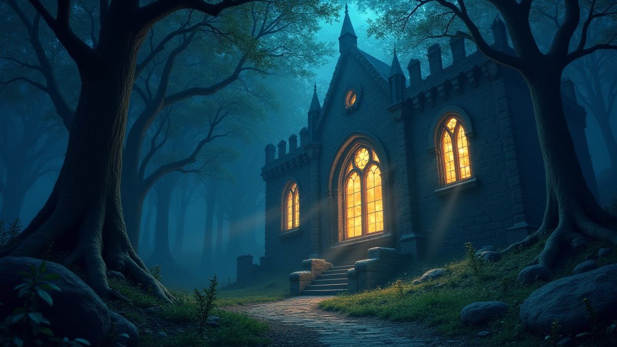 Forêt enchantée avec fenêtres magiques brillantes dans les murs du château.