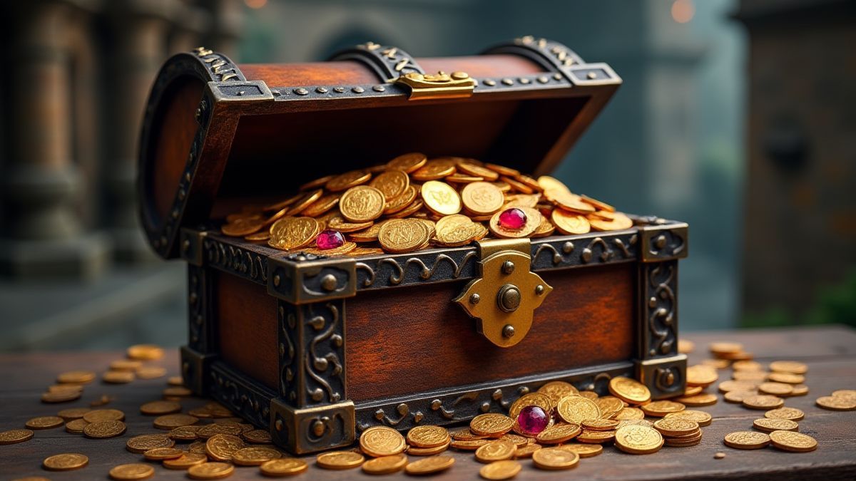 Coffre au trésor débordant de pièces et de bijoux dans un château.