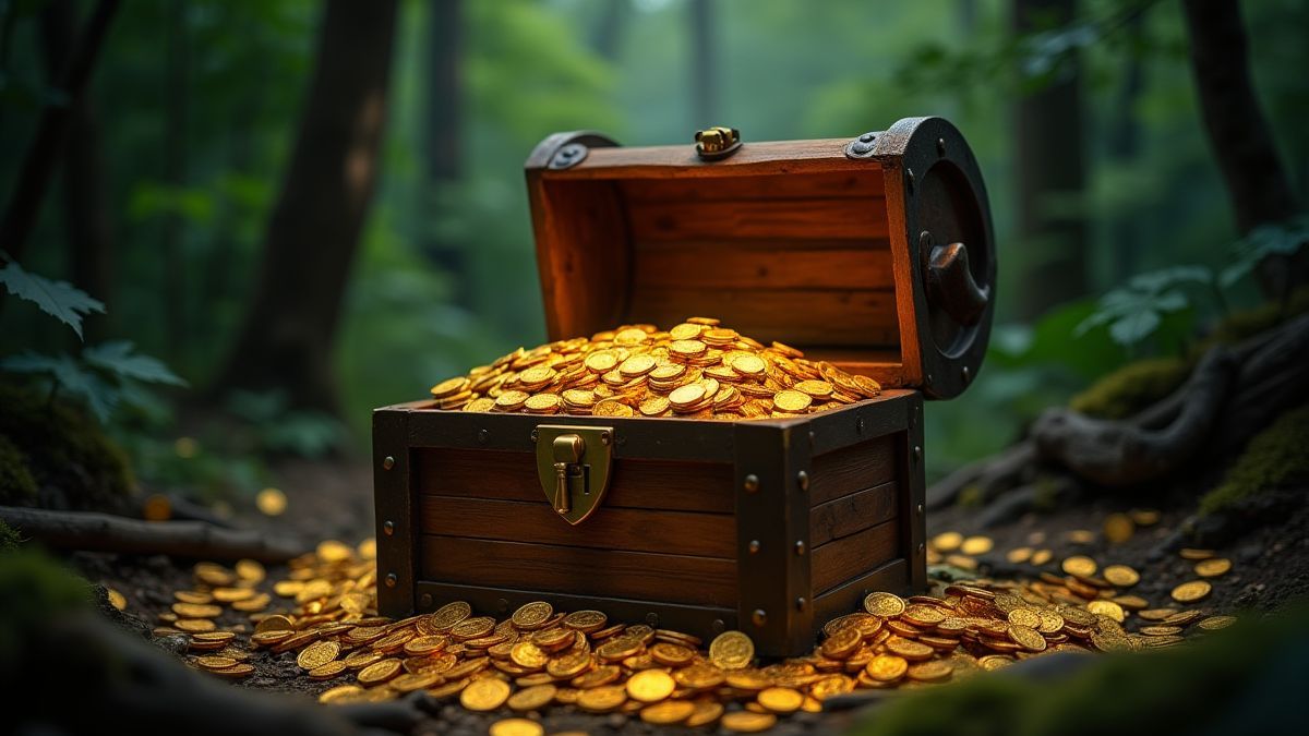 A treasure chest full of gold coins in a forest.