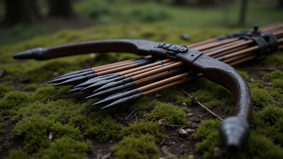 A medieval bow and a quiver full of arrows on mossy ground.